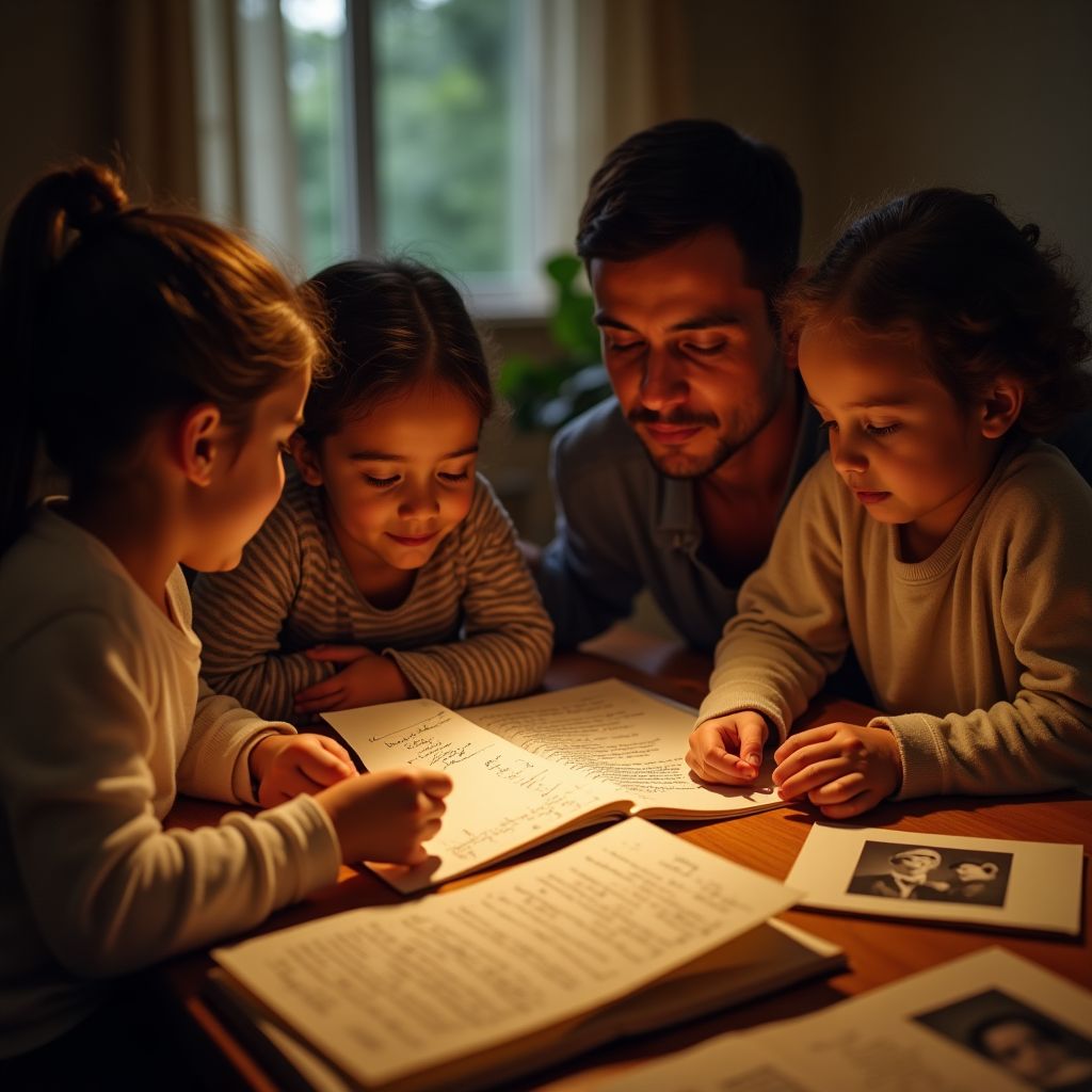 Family compares authentic automatic writing letter with old photos at home