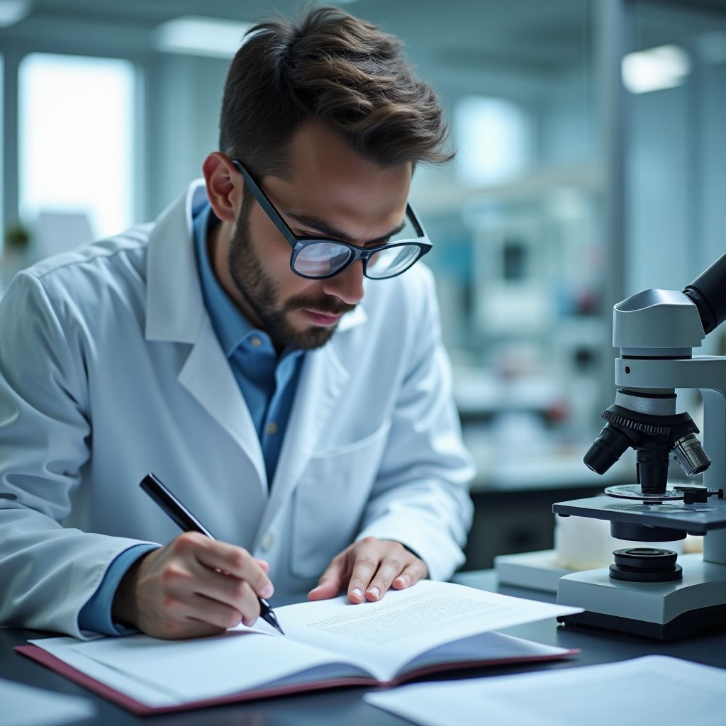 Graphotechnical expert analyzes automatic writing letters in illuminated laboratory