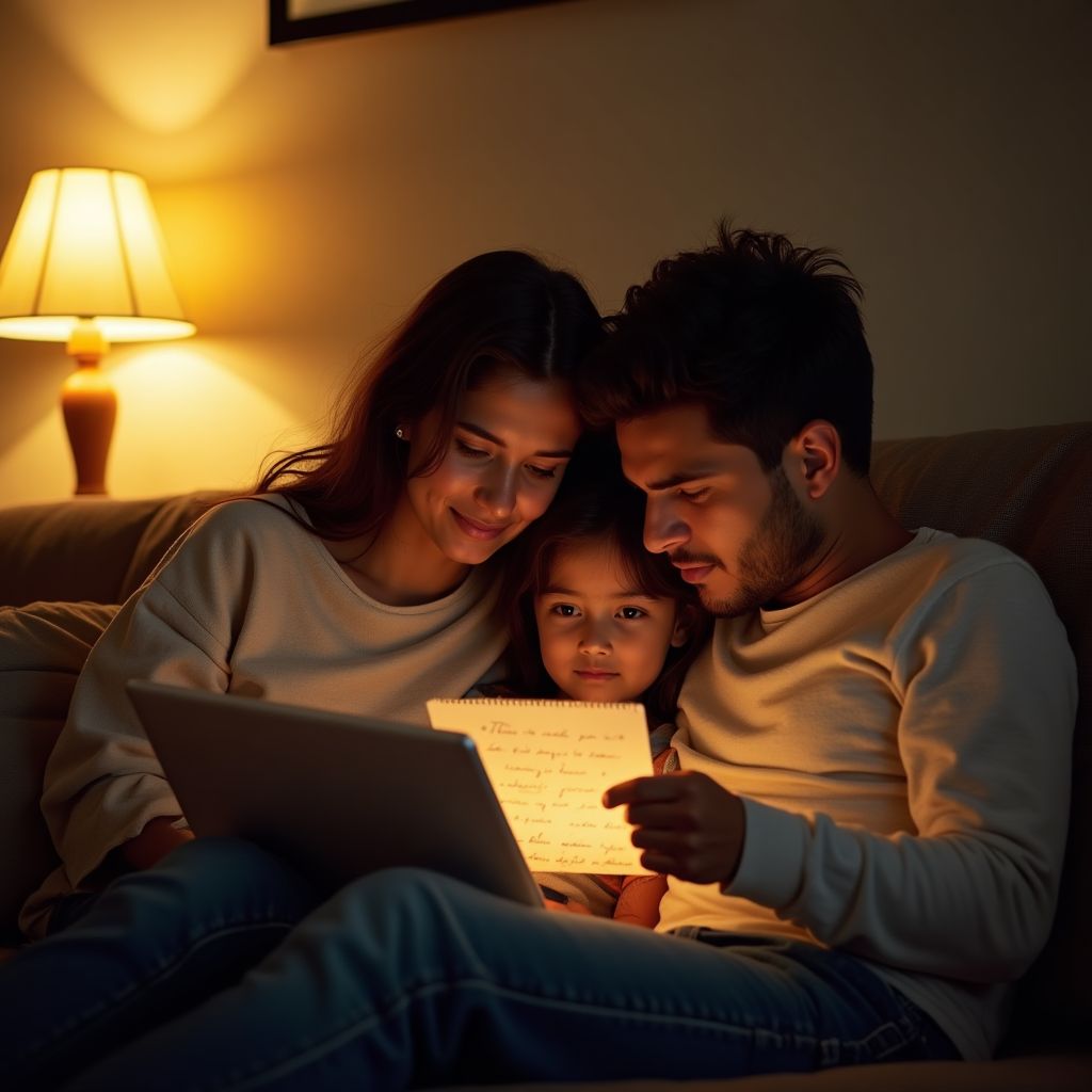 Brazilian family embracing holding automatic writing letter on living room sofa