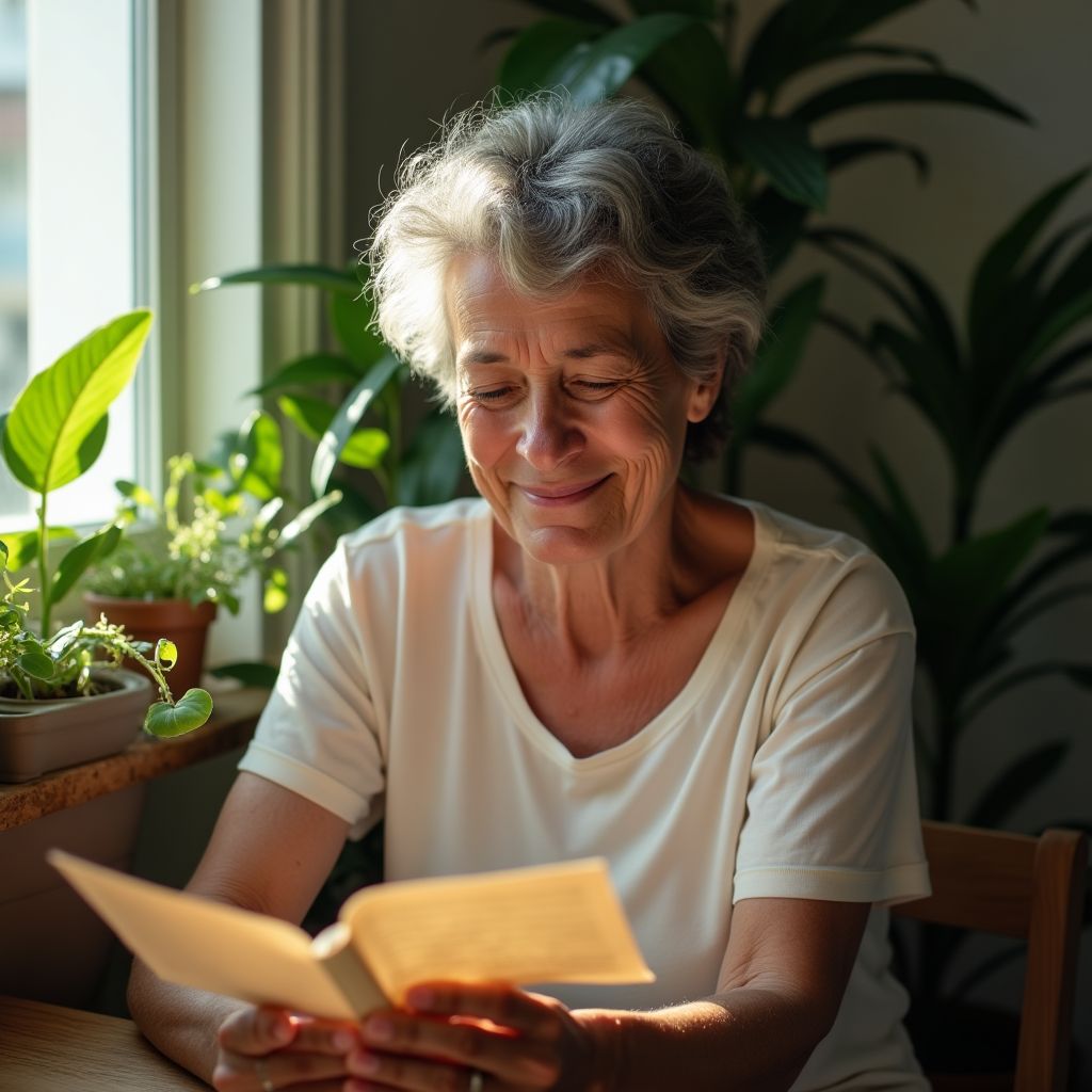 Brazilian woman reads automatic writing letter with expression of relief by window light