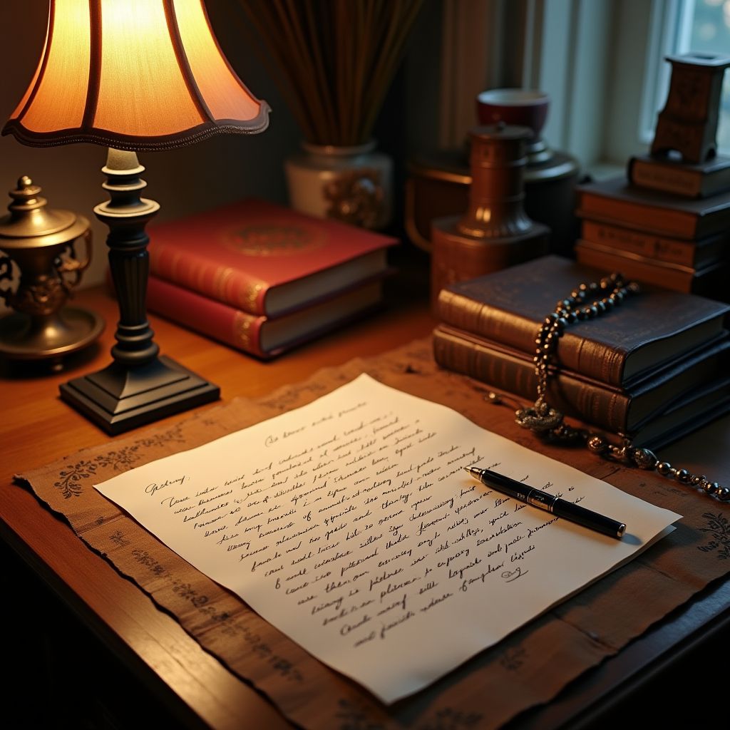 Table with spiritist books, automatic writing letter and incense organized with care
