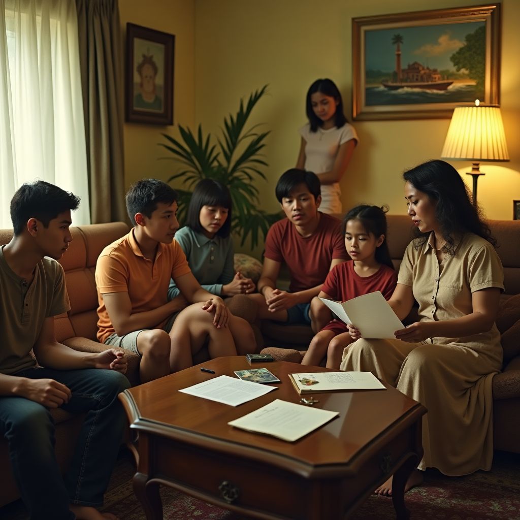 Brazilian family in a 1970s living room follows reading of automatic writing letter