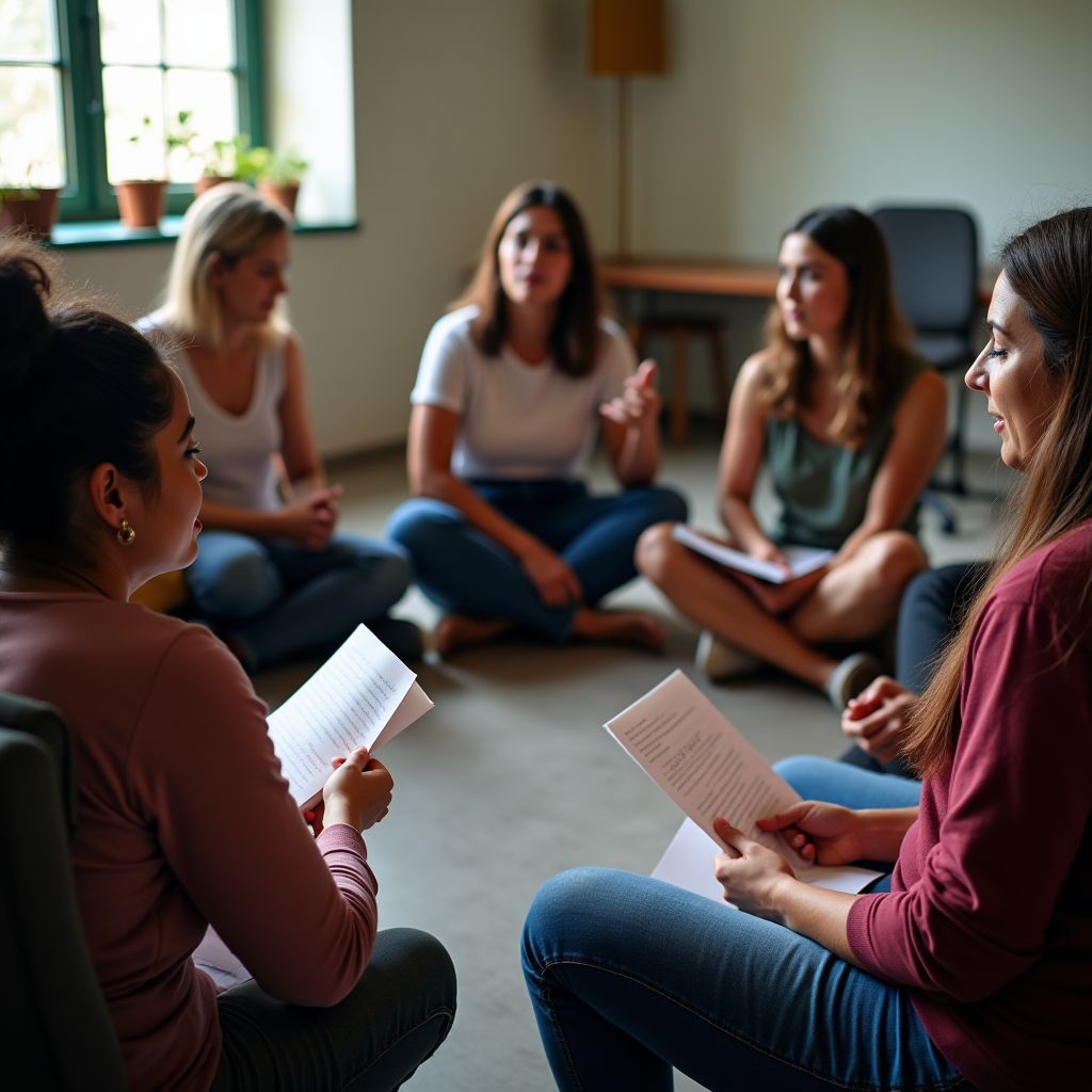 Grief support group sharing automatic writing letters in conversation circle