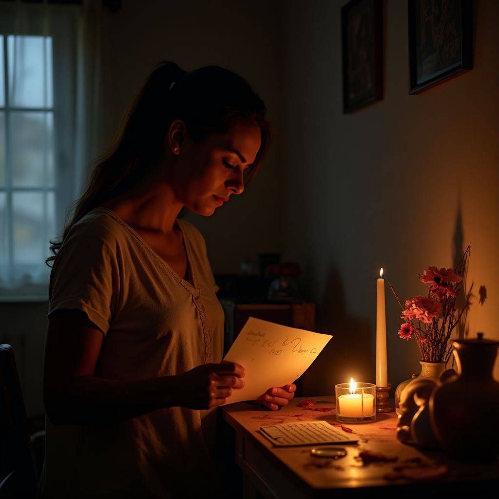 Woman in mourning holds automatic writing letter before altar with candles