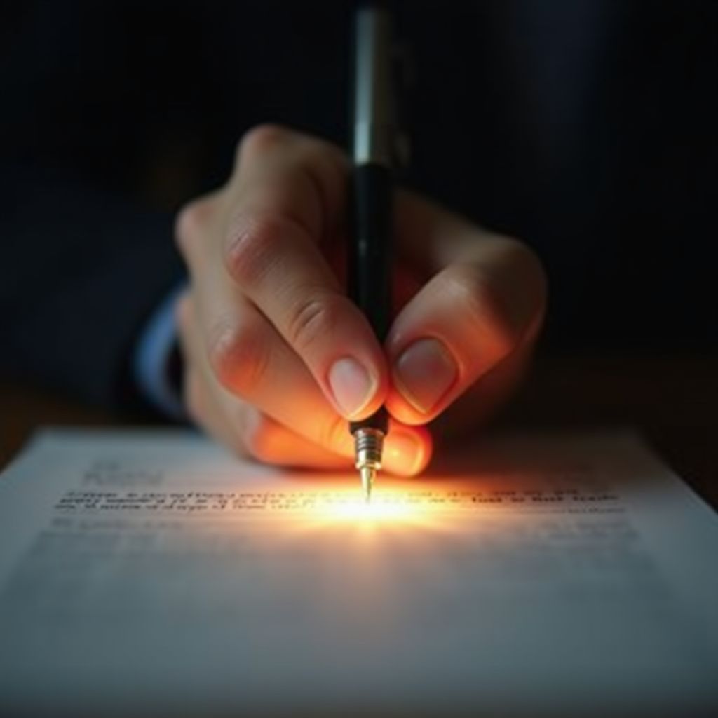 Detail of automatic writing process in spiritism Medium's hand channeling rapidly with subtle glow around