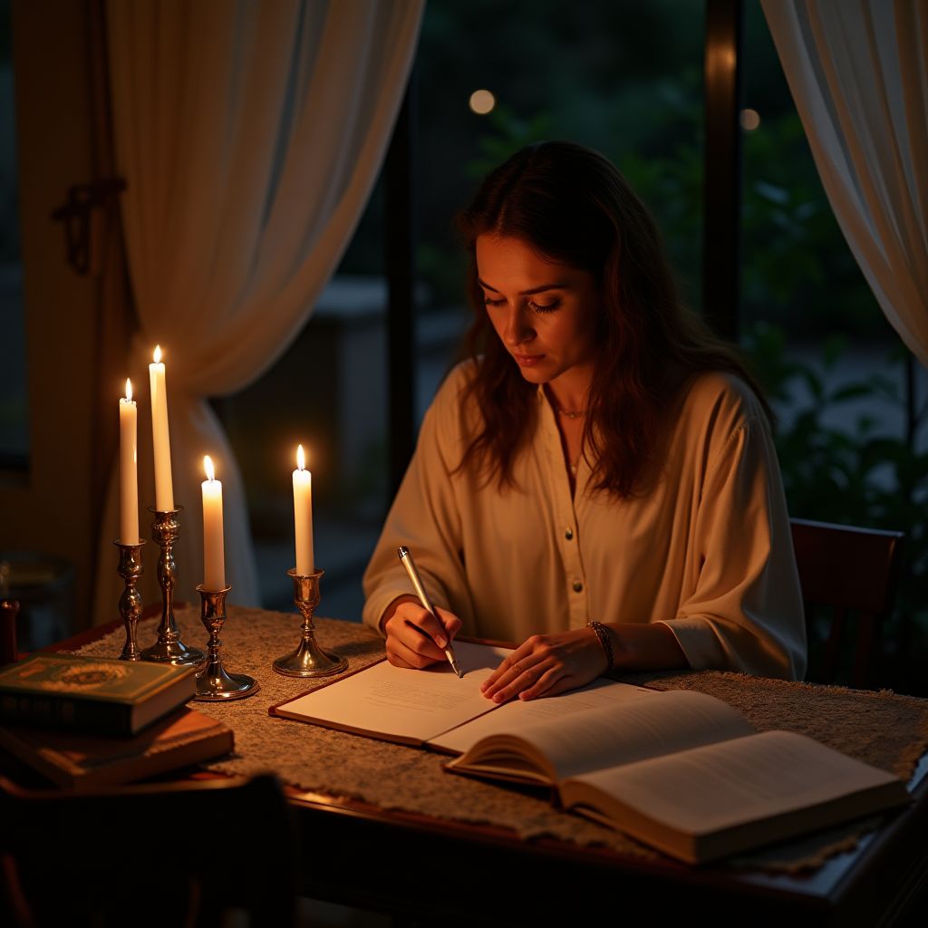 Step by step preparation of the medium for automatic writing Medium organizes table with candles, water and books in preparation for automatic writing