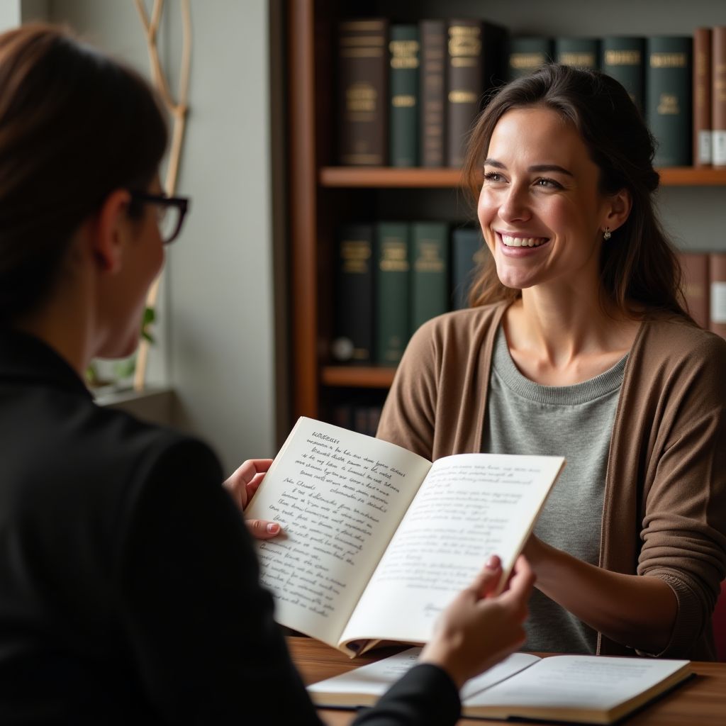 Spiritual counselor guides woman in interpretation of automatic writing letter