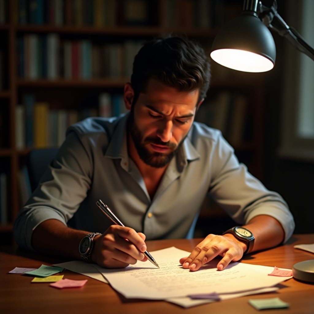 Man analyzes automatic writing letter with notes on study table