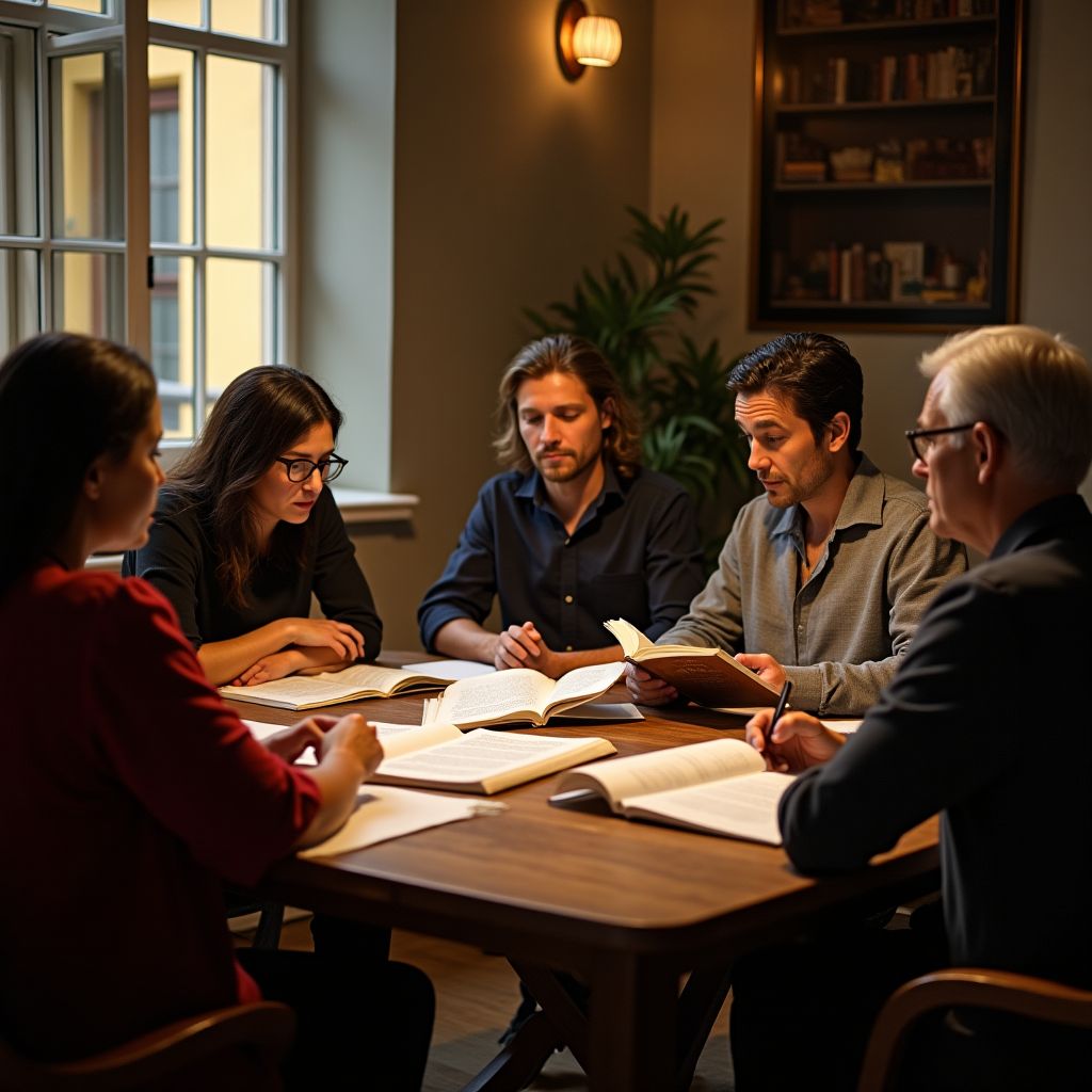 Spiritist group studies doctrine and automatic writing around table with books and letters